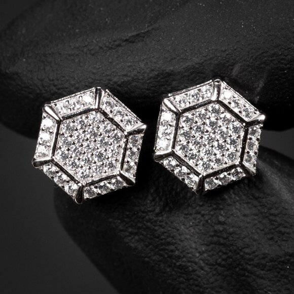 White Gold 925 Sterling Silver Men's Hip Hop Octagon Cz Stud Earrings - Picture 2 of 5